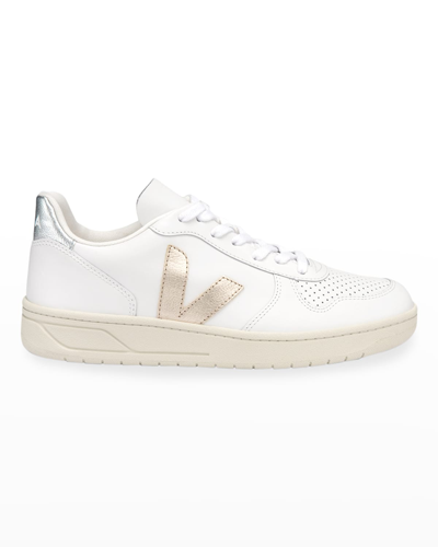 Shop Veja V-10 Tricolor Leather Low-top Sneakers In White/gold