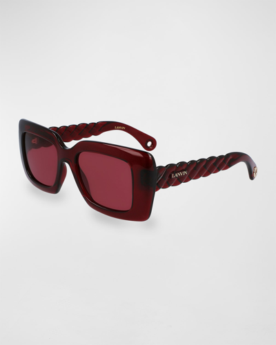 Shop Lanvin Babe Twisted Rectangle Plastic Sunglasses In Deep Red