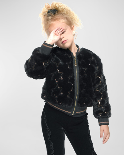 Hannah Banana Kids' Girl's Faux-fur Sequin Star Jacket In Black | ModeSens