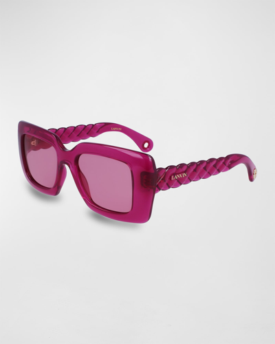 Shop Lanvin Babe Twisted Rectangle Plastic Sunglasses In Fuchsia