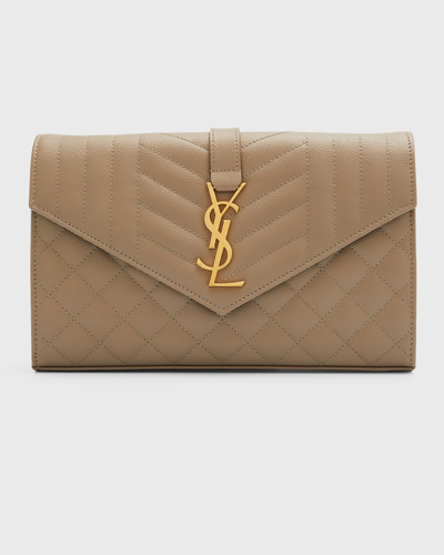 Shop Saint Laurent Envelope Triquilt Ysl Wallet On Chain In Grained Leather In Greyish Brown