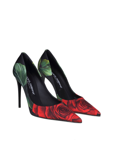 Shop Dolce & Gabbana Decollete In Jersey Stampa Rose In Black/red