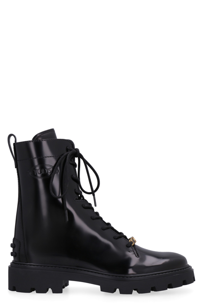 Shop Tod's Leather Combat Boots In Black