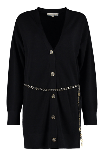 Shop Michael Michael Kors Belted Wool Cardigan In Black