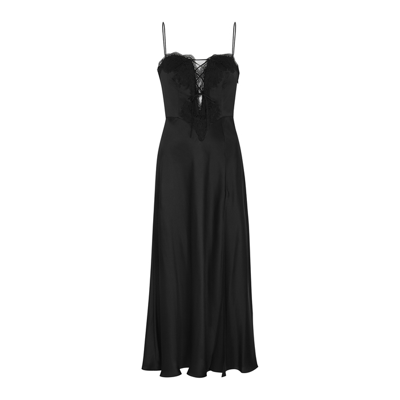 Shop Alessandra Rich Black Lace-trimmed Silk-satin Midi Dress
