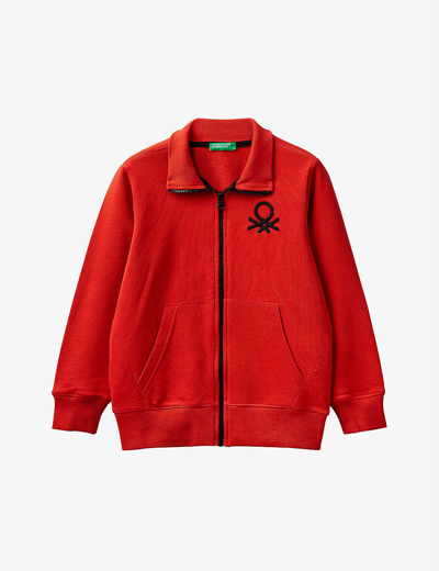 Shop Benetton Boys Red Kids Logo-embroidered Zipped Cotton-jersey Sweatshirt 6-14 Years