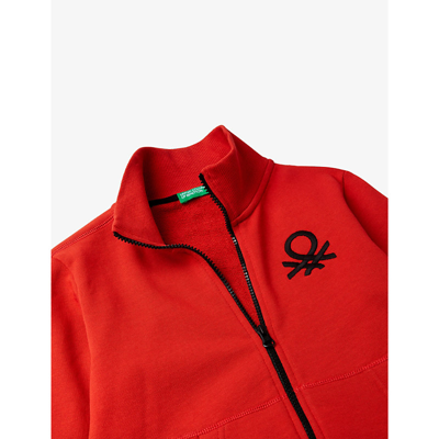 Shop Benetton Boys Red Kids Logo-embroidered Zipped Cotton-jersey Sweatshirt 6-14 Years