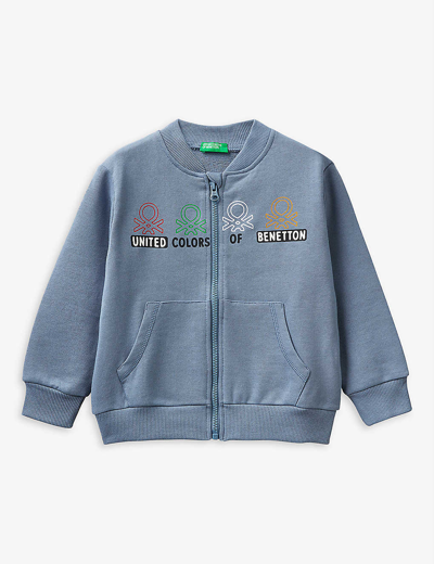Shop Benetton Boys Grey Kids Logo-print Ribbed-trim Cotton Jacket 1-6 Years