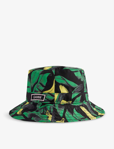Shop Ganni Brand-appliqué Leopard-print Woven Bucket Hat In Banana Tree Black