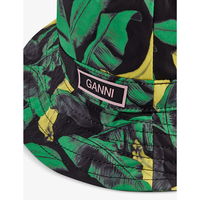 Shop Ganni Brand-appliqué Leopard-print Woven Bucket Hat In Banana Tree Black