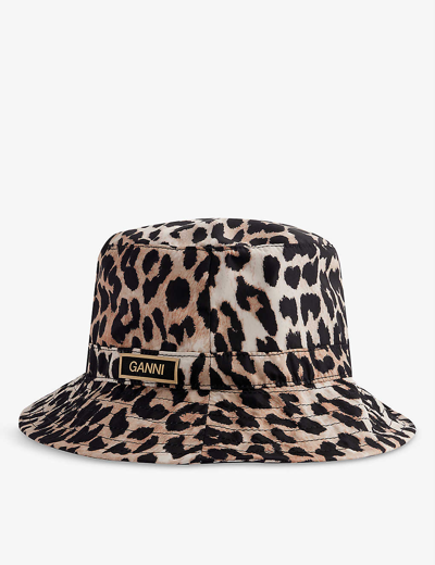 Shop Ganni Brand-appliqué Leopard-print Woven Bucket Hat
