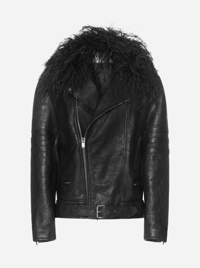 Shop Saint Laurent Leather And Feathers Biker Jacket