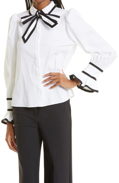 Shop Alice And Olivia Sharen Puff Sleeve Bow Tie Blouse In White/ Black