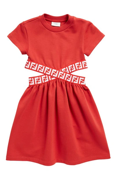 Shop Fendi Kids' Ff Logo Cutout Cotton Dress In F18o4 Red