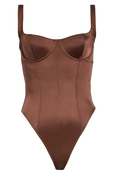 Skims Stretch Satin Underwire Thong Bodysuit In Cocoa