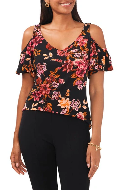 Shop Chaus Floral Print Cold Shoulder Top In Black/ Pink/ Gold