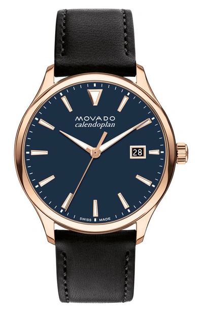 Shop Movado Heritage Leather Strap Watch, 40mm In Navy