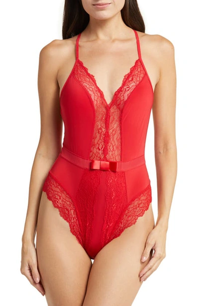 Shop Black Bow Henny Satin & Lace Thong Bodysuit In Tango Red