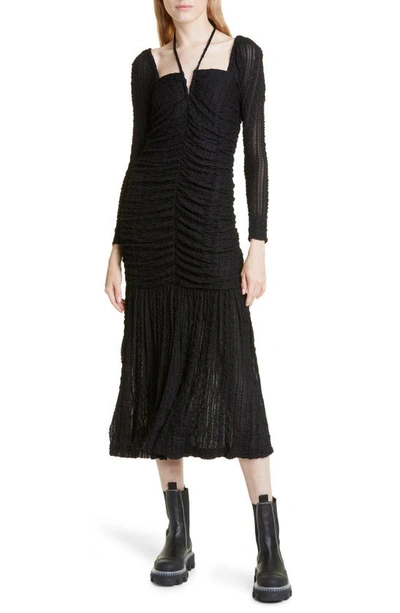 Shop Ganni Halter Neck Long Sleeve Stretch Lace Midi Dress In Black