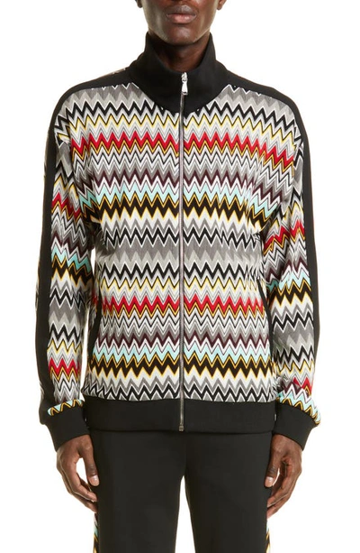 Shop Missoni Chevron Stripe Cotton Zip Sweater In Multicolor Grey