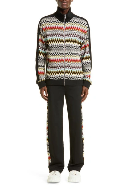 Shop Missoni Chevron Stripe Cotton Zip Sweater In Multicolor Grey