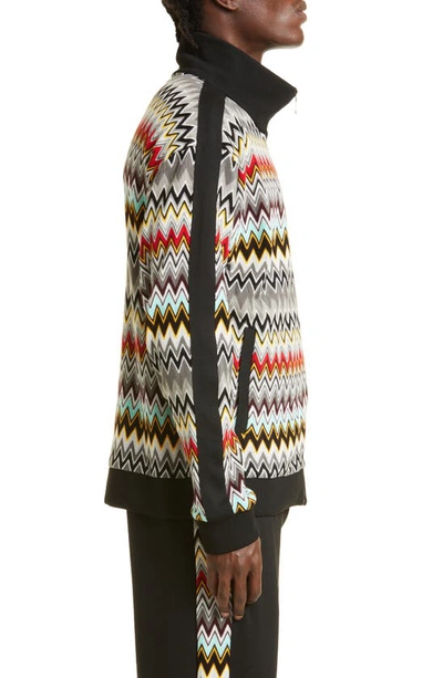 Shop Missoni Chevron Stripe Cotton Zip Sweater In Multicolor Grey