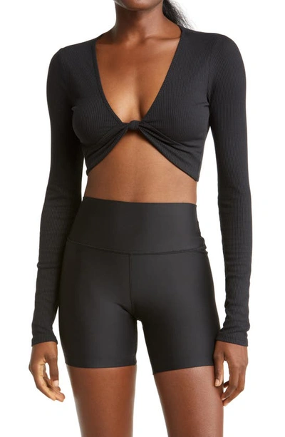 Shop Alo Yoga Knot Long Sleeve Rib Top In Black