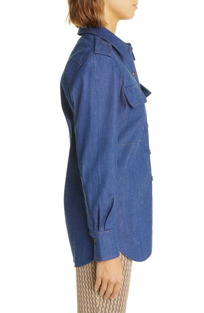 Shop Victoria Beckham Relaxed Fit Stretch Denim Utility Shirt In Serge Blue