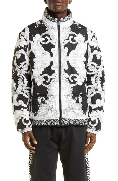 Shop Versace Silver Baroque Puffer Jacket In Black White