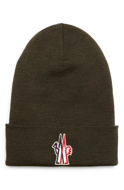 Shop Moncler Logo Patch Ribbed Virgin Wool Beanie In Olive