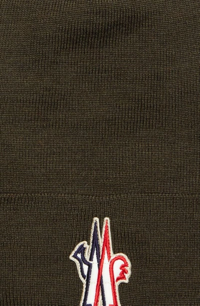 Moncler Logo Patch Ribbed Virgin Wool Beanie In Olive