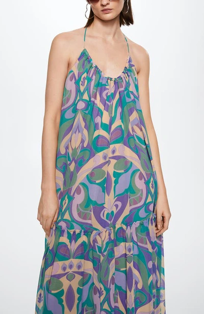 Shop Mango Abstract Print Open Back Dress In Green