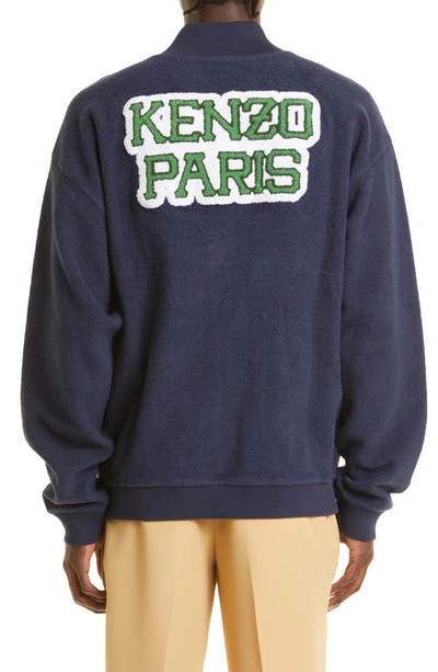 Shop Kenzo Varsity Logo Patch Cotton Fleece Bomber Jacket In Midnight Blue