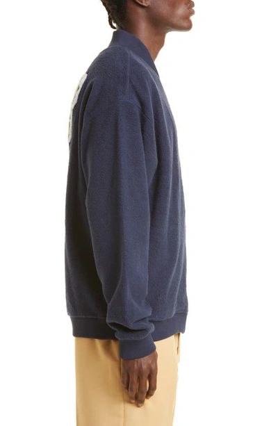 Shop Kenzo Varsity Logo Patch Cotton Fleece Bomber Jacket In Midnight Blue