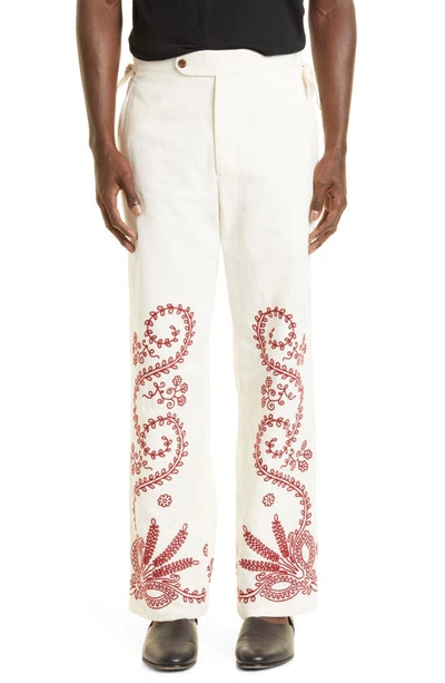 Shop Bode Pilea Embroidered Side Tie Trousers In Red White