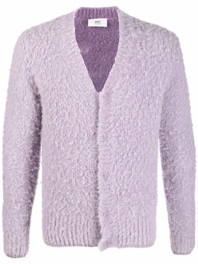 Shop Ami Alexandre Mattiussi V-neck Fleece Cardigan In Purple