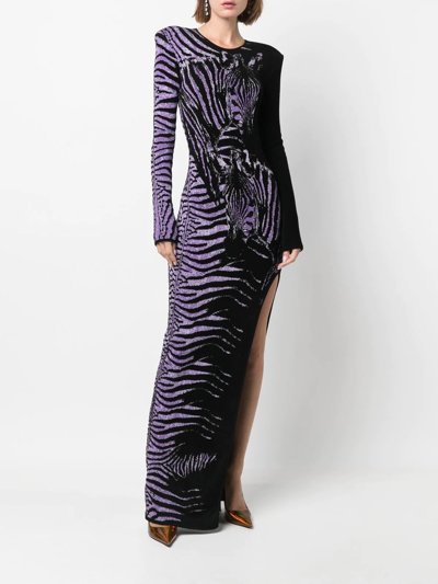 Roberto Cavalli Zebra Jacquard Side Slit Gown In Black