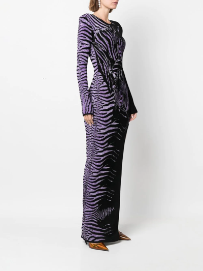 Roberto Cavalli Zebra Jacquard Side Slit Gown In Black