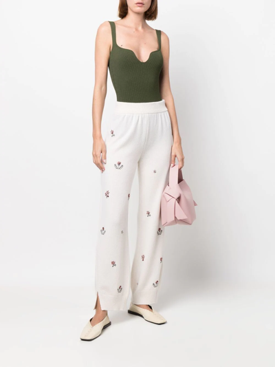 Shop Barrie Floral-embroidered Cashmere Trousers In White