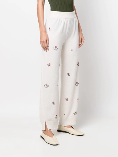Shop Barrie Floral-embroidered Cashmere Trousers In White