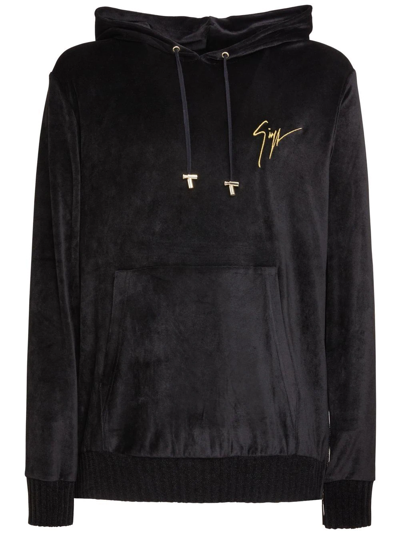 Shop Giuseppe Zanotti Embroidered-logo Velvet Hoodie In Black