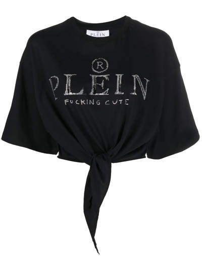 Shop Philipp Plein Embellished-logo Cropped T-shirt In Black