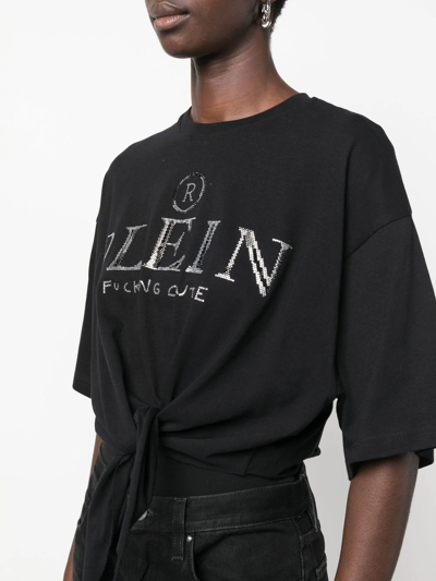 Shop Philipp Plein Embellished-logo Cropped T-shirt In Black