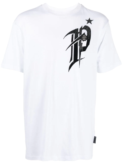 Philipp Plein T-shirt Round Neck Ss Gothic Plein With Crystals In White