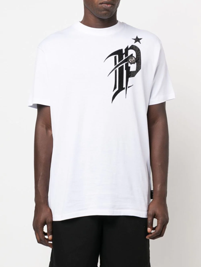 Philipp Plein T-shirt Round Neck Ss Gothic Plein With Crystals In White