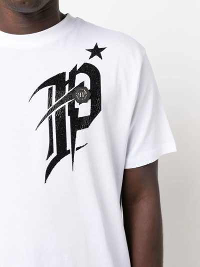 Philipp Plein T-shirt Round Neck Ss Gothic Plein With Crystals In White