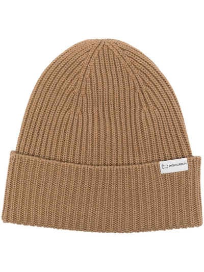 Shop Woolrich Logo-tag Ribbed Beanie In Nude