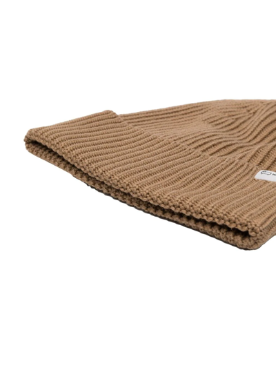 Shop Woolrich Logo-tag Ribbed Beanie In Nude