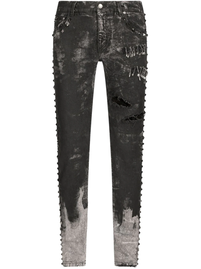 Shop Dolce & Gabbana Distressed Studded Slim-fit Jeans In Grey