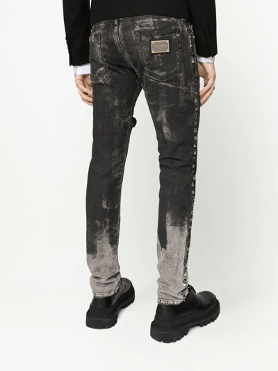 Shop Dolce & Gabbana Distressed Studded Slim-fit Jeans In Grey